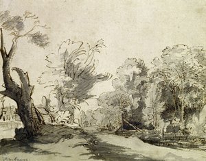 Paysage avec un chemin, un arbre presque mort à gauche et une passerelle menant à une ferme à droite (plume, encre et lavis sur papier)